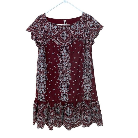 Anthropologie Feather & Bone Size S Embroidered Eyelet Ynez Dress Burgundy - Picture 1 of 11